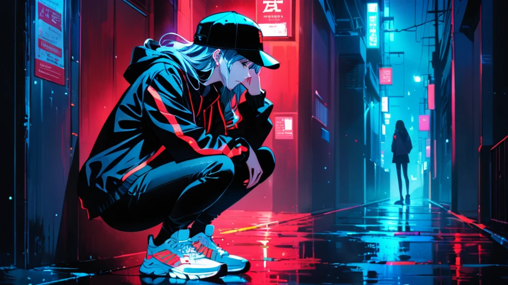 An anime-style illustration of a woman crouching in the dark, He is hiding his face with his hat and looking straight ahead. She is wearing a street style jacket and sneakers., Highlighted in fluorescent red, making them visible in the dark.
Red eyes,
High resolution, masterpiece, Accurate, 最high quality, Attention to detail, high quality, Very detailed, dark,Long Hair, Gray Hair