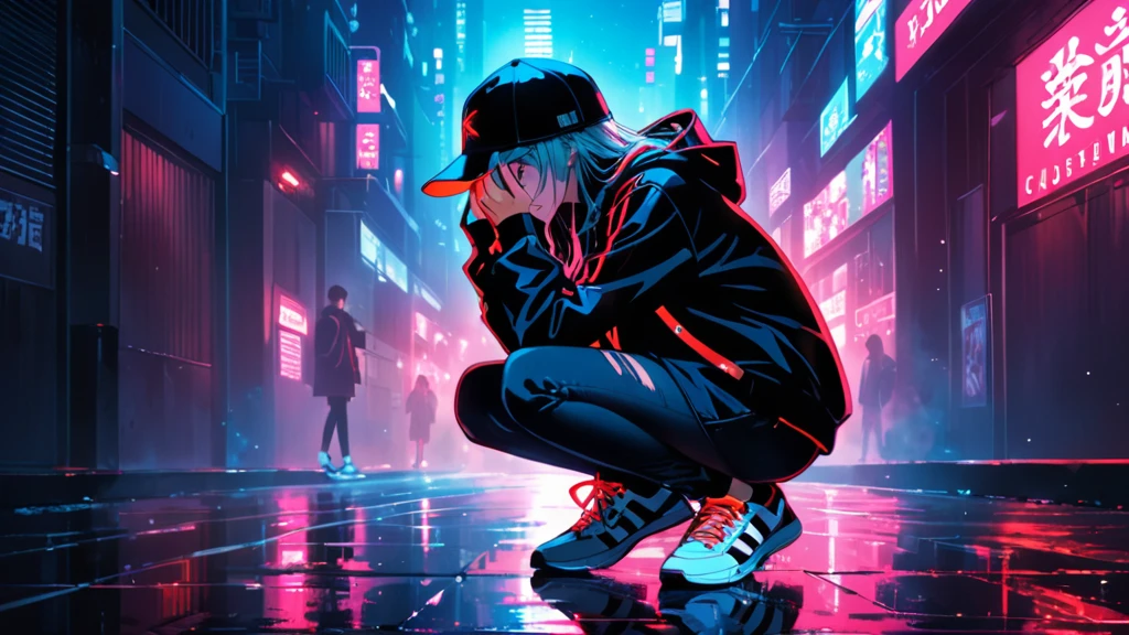 An anime-style illustration of a woman crouching in the dark, He is hiding his face with his hat and looking straight ahead. She is wearing a street style jacket and sneakers., Highlighted in fluorescent red, making them visible in the dark.
Red eyes,
High resolution, masterpiece, Accurate, 最high quality, Attention to detail, high quality, Very detailed, dark,Long Hair, Gray Hair