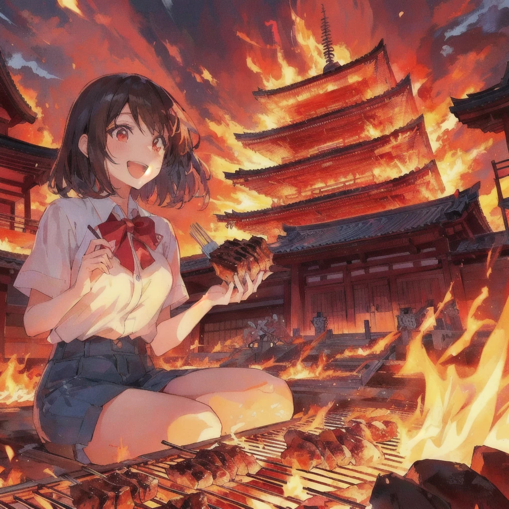An anime character sitting in front of a pagoda grilling meat, Crazy Smile, 4K Manga Wallpapers, Anime Background, Japanese art style, Anime Style 4k, Anime Wallpaper, 4KAnime Wallpaper, anime art wallpaper 4k, anime art wallpaper 4k, Anime Wallpaper 4k, Anime Wallpaper4k, Anime-style illustrations, 80s anime style, Anime Background art, Anime-style artwork