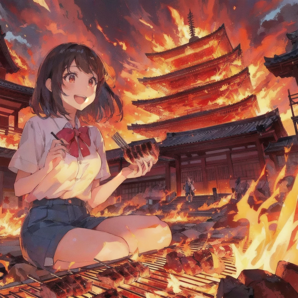 An anime character sitting in front of a pagoda grilling meat, Crazy Smile, 4K Manga Wallpapers, Anime Background, Japanese art style, Anime Style 4k, Anime Wallpaper, 4KAnime Wallpaper, anime art wallpaper 4k, anime art wallpaper 4k, Anime Wallpaper 4k, Anime Wallpaper4k, Anime-style illustrations, 80s anime style, Anime Background art, Anime-style artwork