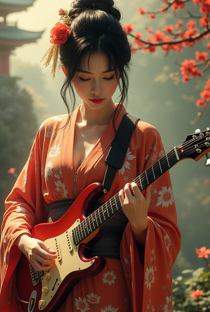 A seductive Japanese woman in a kimono plays an electric guitar