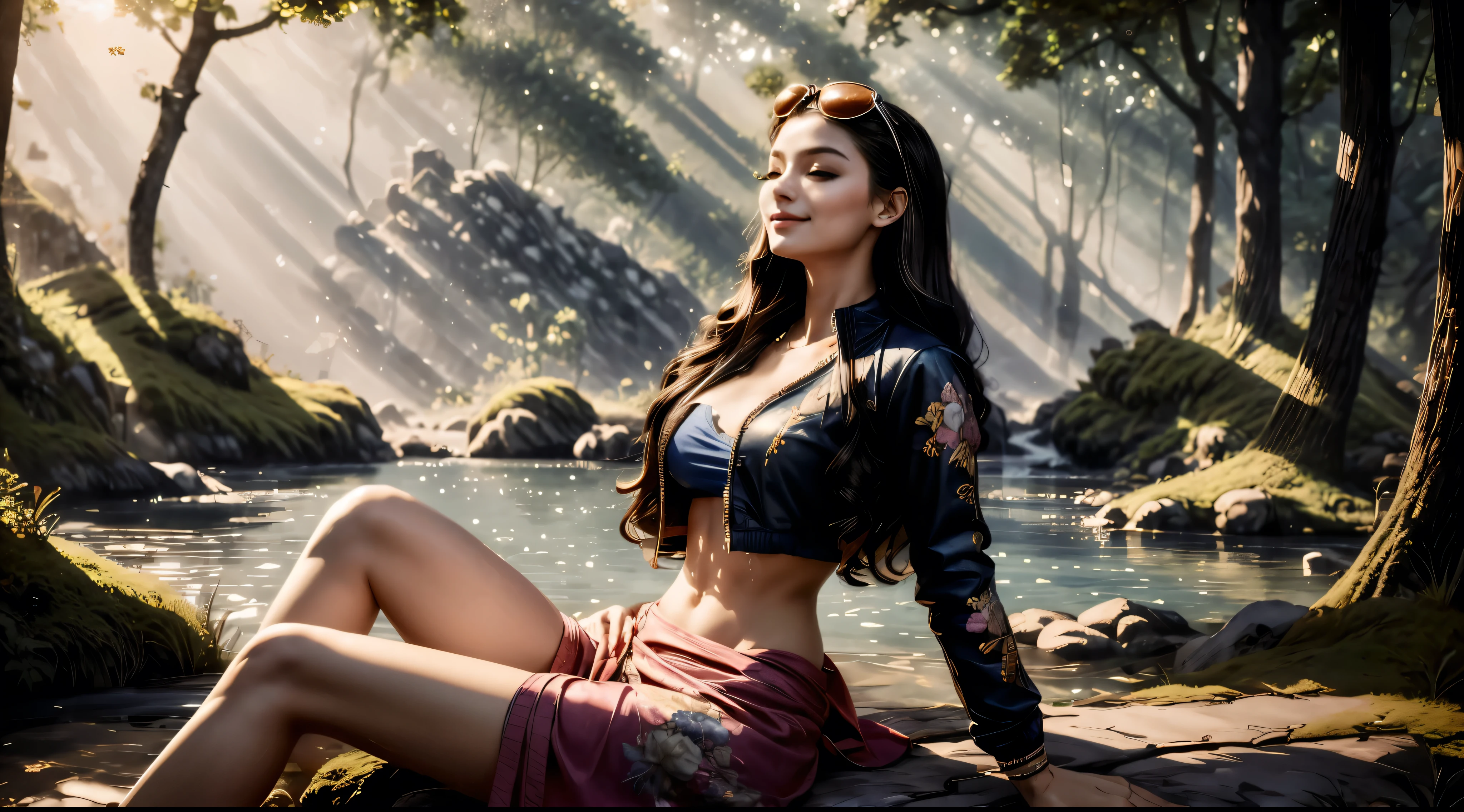 masterpiece, best quality, extremely detailed, hyperrealistic:1.1, photorealistic, a beautiful 20s russian model, ultra detailed face:1.1, sunglasses on head:1.1, navy crop top, collared jacket:1.1, pink long sarong:1.1, black hair, from side, luminous forest, mystical, powder light, sitting, smiling, eye closed