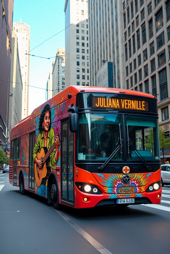 A large bus with a plot written Juliana Vernille with a guitar