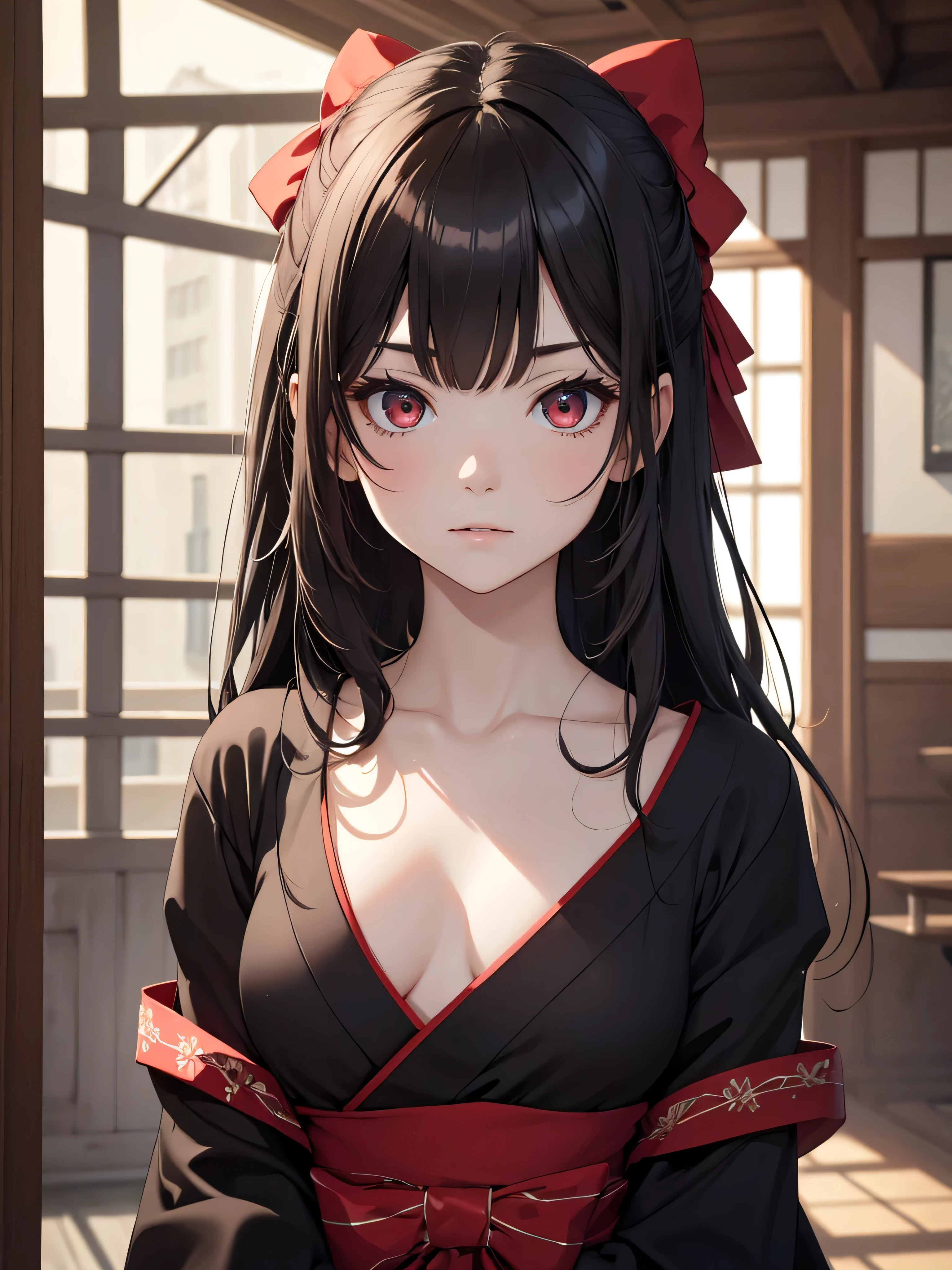 (8K, Best Quality, Masterpiece, Ultra High Resolution) Single Person, 1 Girl, , Young, Cute Eyes, Face Details, Pale Skin, Slender, Short, Flat Chest, Lactating, Dark Black Hair, Long Hair, Red Eyes, Black Dress, Hair Bow, Traditional Japanese Home, Best Quality, Upper Body, Looking at the Viewer, Facing Viewer, Close Up