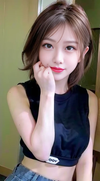 blush a little and smile, (Top quality masterpiece:1.2) Delicate illustrations, Very detailed, /Beautiful Japanese Women、1 person,Very cute and slim、Great style 、((8k images、super high quality))、Very delicate face, Big Breasts、Skin and Hair、beautifule forehead、Red lipstick、(((((short hair、Blonde、lure))))),Very cute Japanese cut face、Eyes and nose are clearly visible、Kind eyes,((((Black sleeveless fashion))))