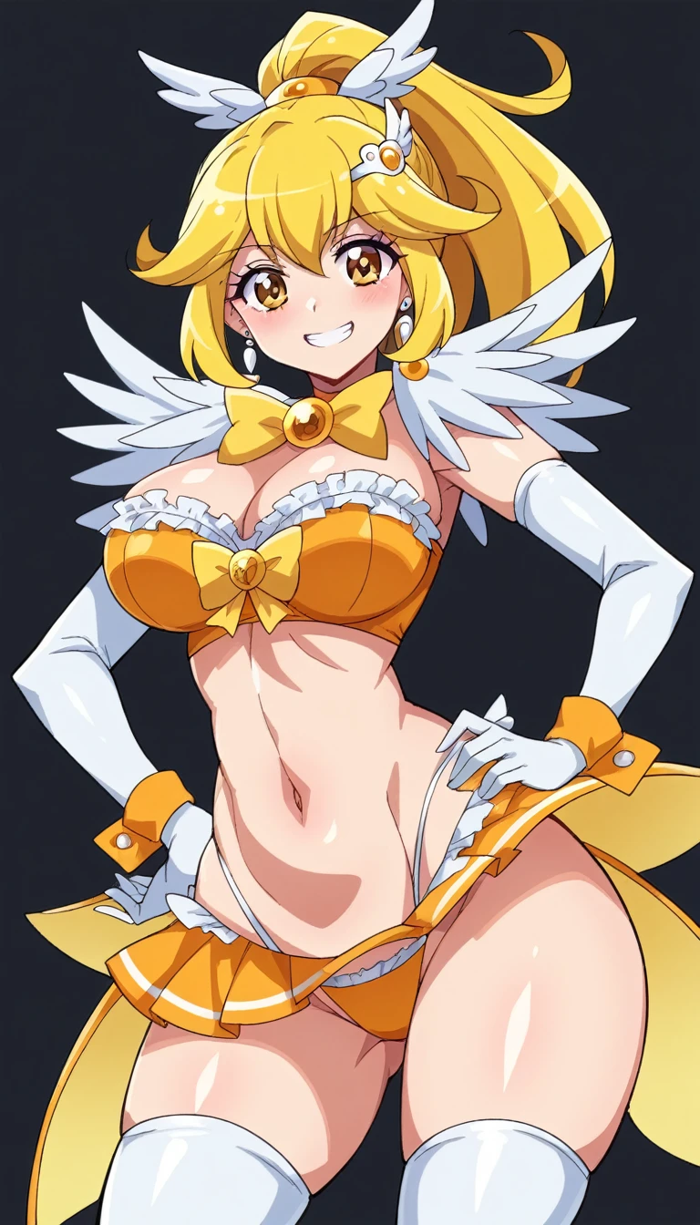 score_9, score_8_up, score_7_up, gloomy, black background,
BREAK

BREAK
1girl, curepeace, ponytail, yellow hair, elect big nipple, large breasts, smile,  , 
yellow magical girl, yellow race queen, navel, wing hair ornament, frilled bikini, frilled elbow gloves,, frilled wrist cuffs, friled thong, thighhighs, , thigh boots,
tall, leggy, , shiny skin, wide hips, tight waist, thick thighs,
, 



, standing, hand on hip,
looking_at_viewer,