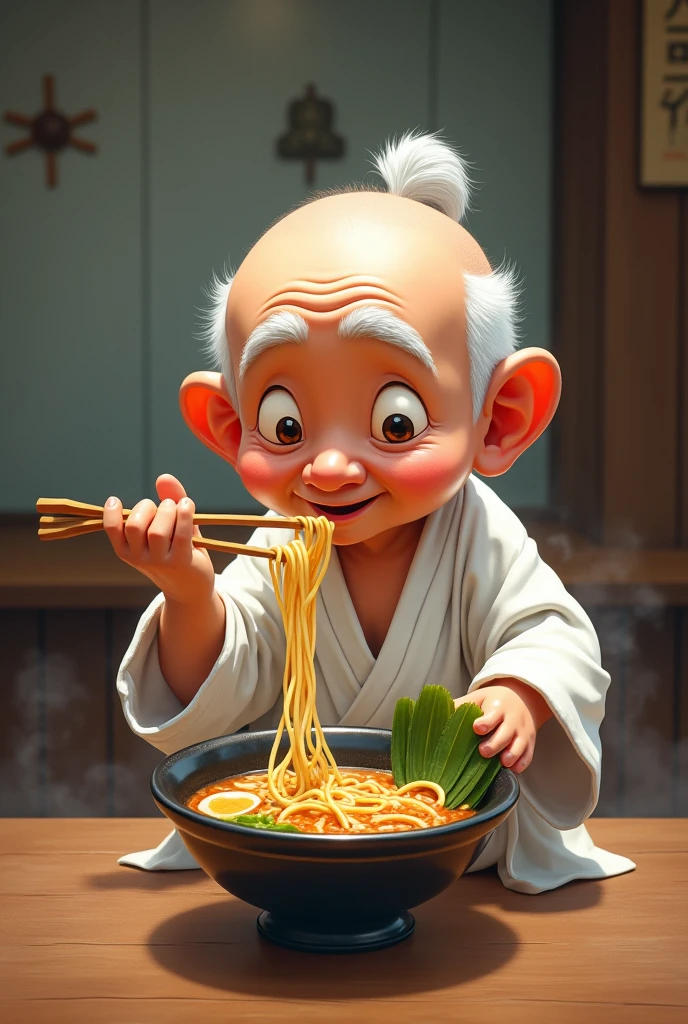 The character is based on the scene where Master Miyagi from Karate Kid is kicking and eating ramen.、I made a cute character out of a Japanese old man, had him eat ramen with chopsticks, wear a karate uniform, and do high kicks.
