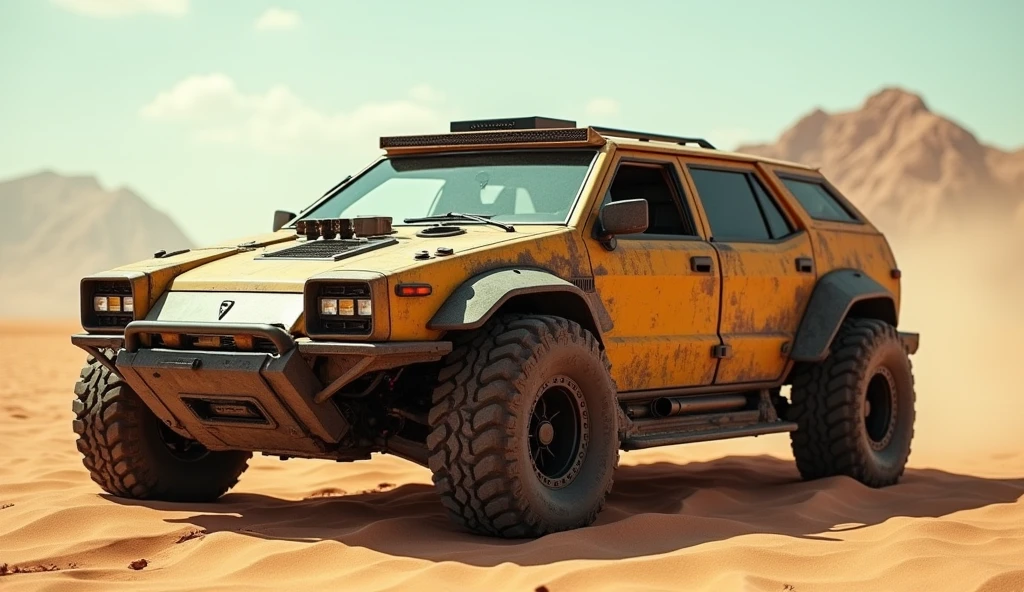 Cyberpunk Lamborghini Vintage Armored Wagon、Shallow depth of field、(masterpiece:1.3) (最high quality:1.2) (high quality:1.1)、Cinematic Light, ((Cinema Lighting),(Natural light),(High level of artistry),(artistic),(Indistinguishable quality from the real thing),RAW Photos,Genuine,Genuine,High resolution,RAW Photos,masterpiece, beautiful, desert