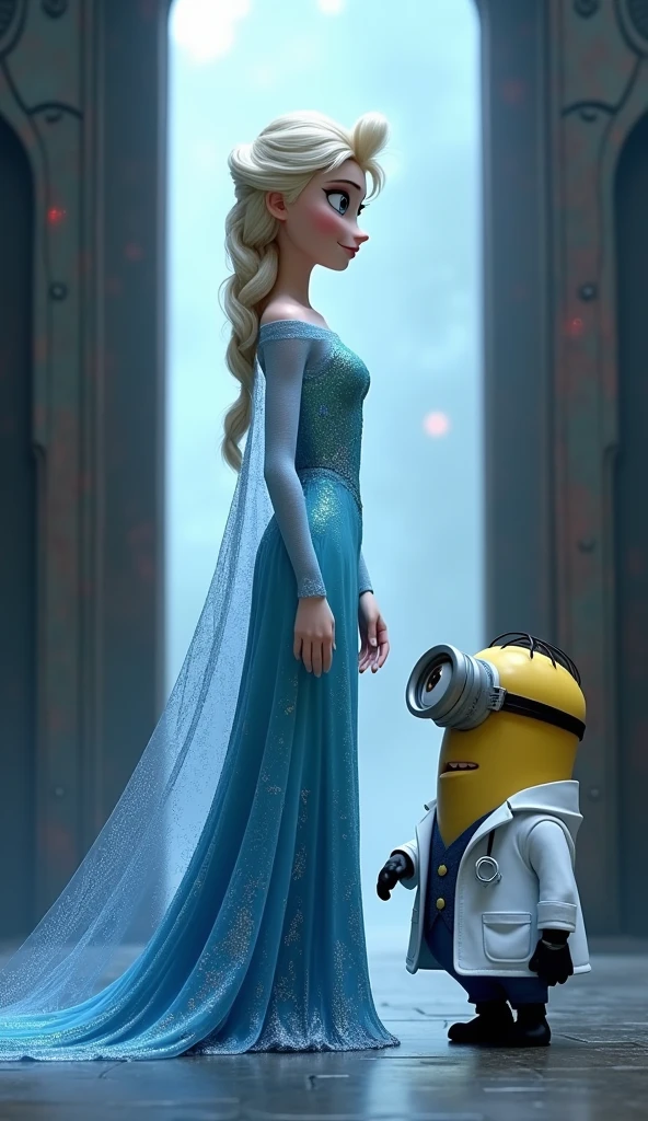 Queen Elsa is coming out of the gate,surprised but curious look at Minion wearing scientist outfit