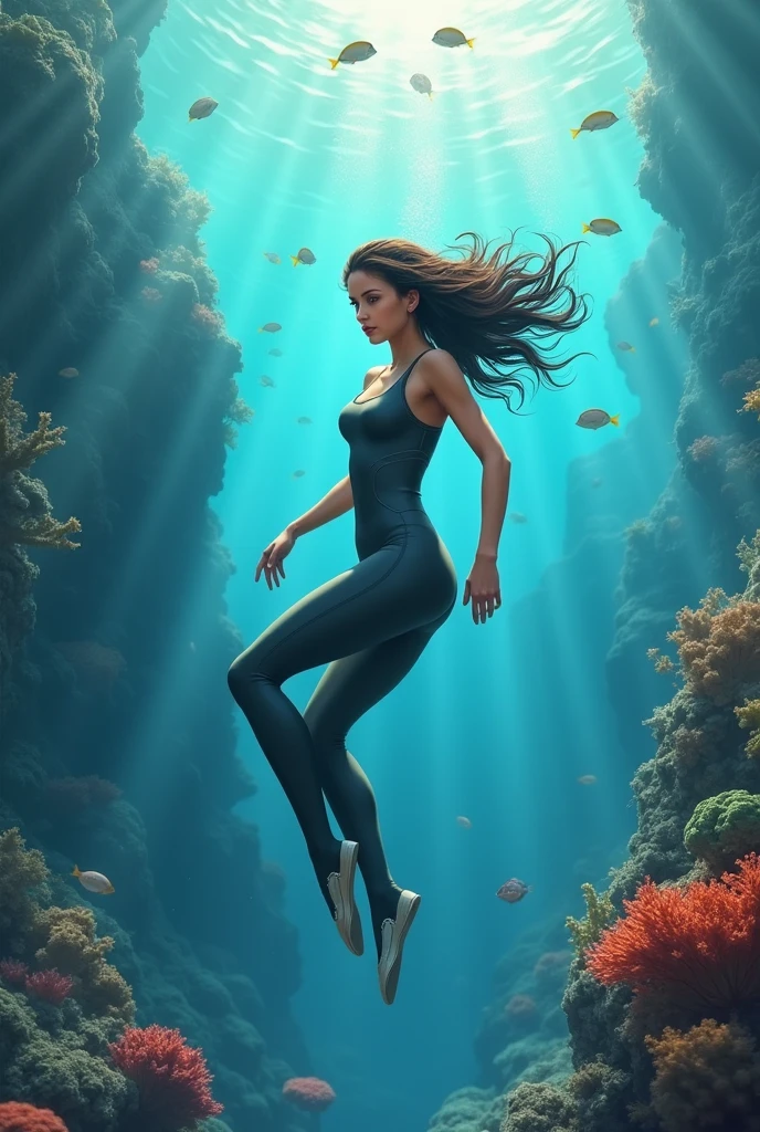 A woman diving underwater
