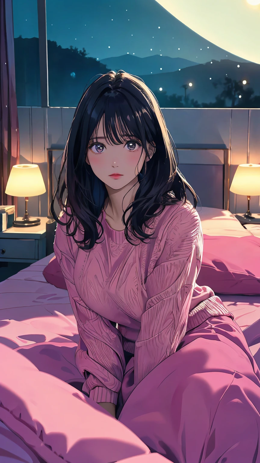(masterpiece), ((highest quality)), (Super detailed), (messy hair), shiny skin, big breasts, cute clothes, take off clothes, underwear, breast enhancement, (twilight), ((dramatic lighting)), (soft focus), (Bright colors), (mysterious atmosphere), 23yo, Bedroom, (lying in bed), (view from below), 目を閉じて眠っている, 窓の外には月が見える,