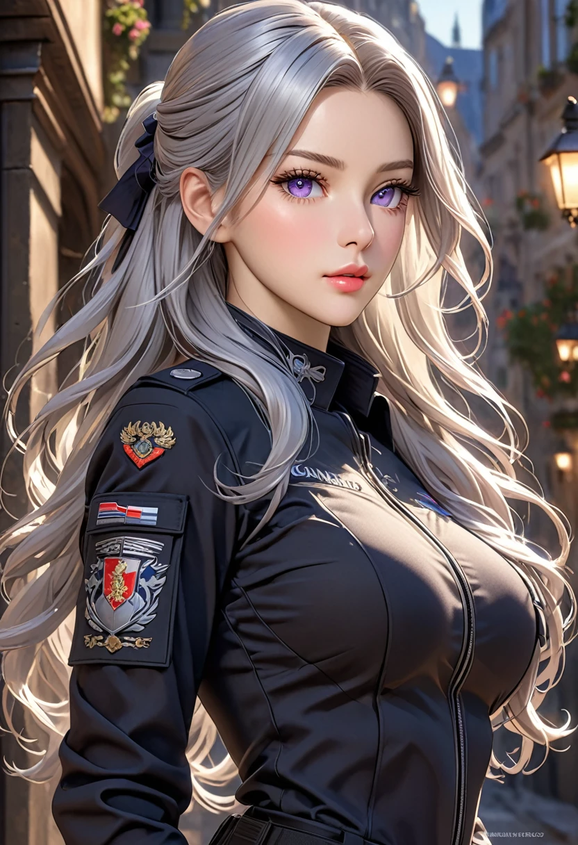 ((best quality)), ((artwork)), ((extremely detailed face)), ((perfect lighting)), ((extremely detailed CG)), ((perfect hands, perfect anatomy)), Appearance= Tall, european features, youthful, ravishingly beautiful, busty, athletic, toned, full lips; violet eyes; long, flowing silver hair Personality= Modest, reserved Outfit= Black tactical uniform]