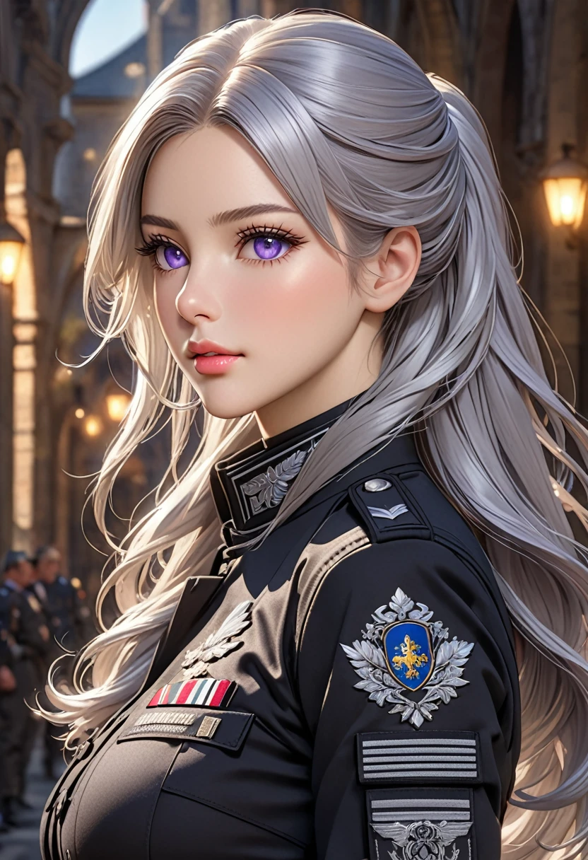 ((best quality)), ((artwork)), ((extremely detailed face)), ((perfect lighting)), ((extremely detailed CG)), ((perfect hands, perfect anatomy)), Appearance= Tall, european features, youthful, ravishingly beautiful, busty, athletic, toned, full lips; violet eyes; long, flowing silver hair Personality= Modest, reserved Outfit= Black tactical uniform]