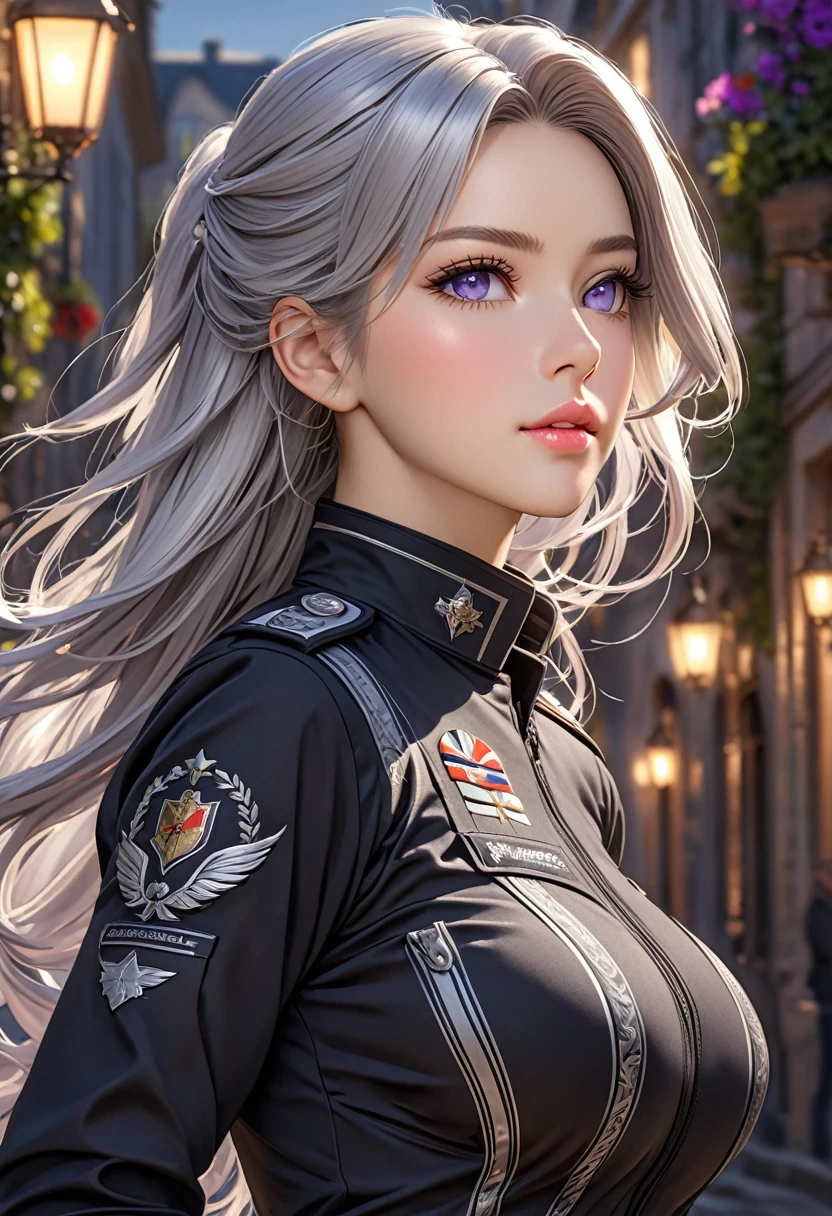 ((best quality)), ((artwork)), ((extremely detailed face)), ((perfect lighting)), ((extremely detailed CG)), ((perfect hands, perfect anatomy)), Appearance= Tall, european features, youthful, ravishingly beautiful, busty, athletic, toned, full lips; violet eyes; long, flowing silver hair Personality= Modest, reserved Outfit= Black tactical uniform]