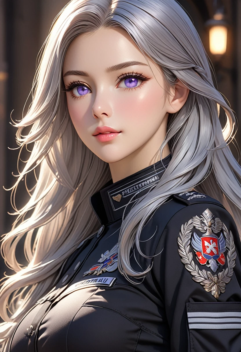 ((best quality)), ((artwork)), ((extremely detailed face)), ((perfect lighting)), ((extremely detailed CG)), ((perfect hands, perfect anatomy)), Appearance= Tall, european features, youthful, ravishingly beautiful, busty, athletic, toned, full lips; violet eyes; long, flowing silver hair Personality= Modest, reserved Outfit= Black tactical uniform]