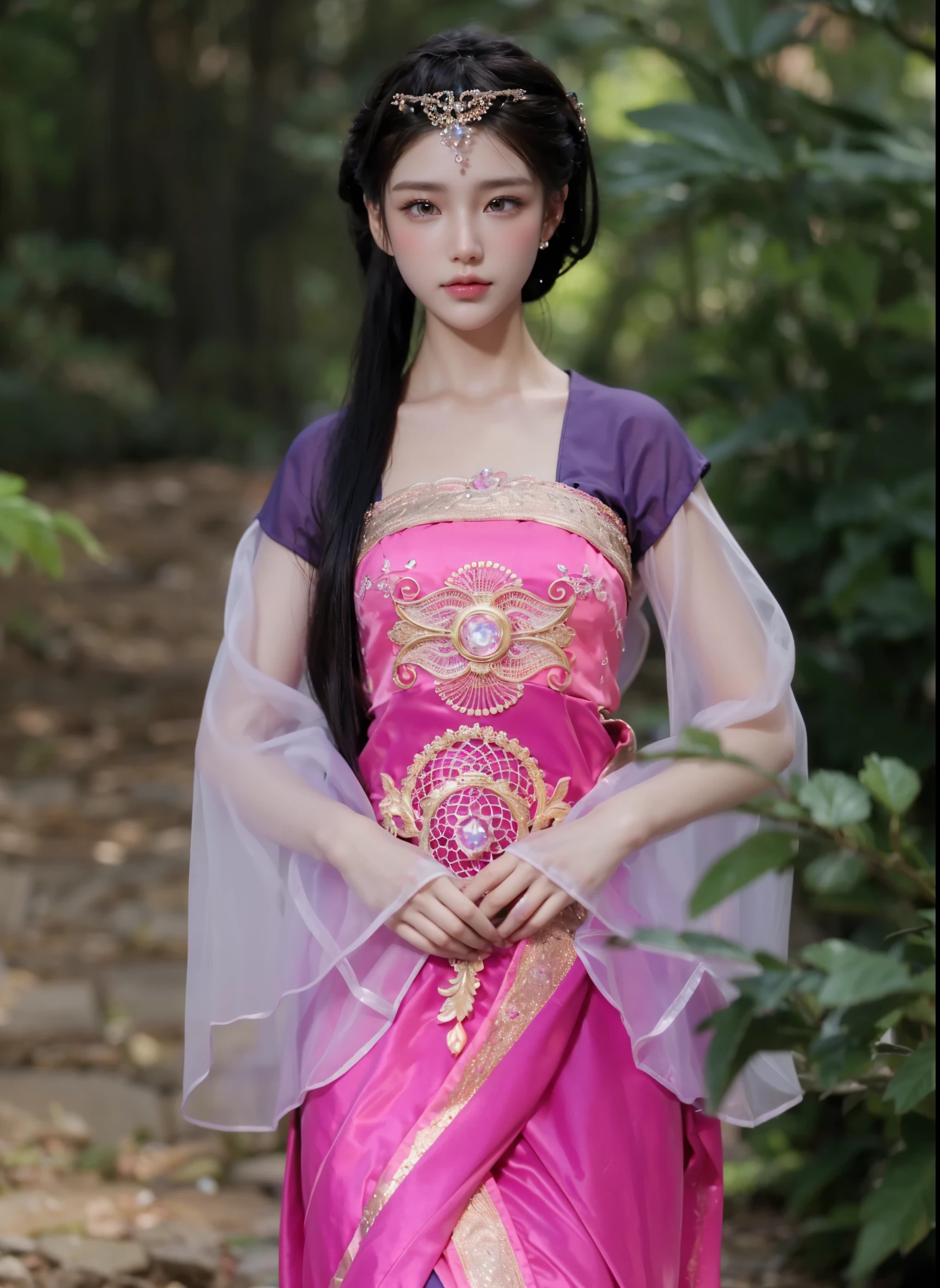 Game Art，CG Animation，Best image quality，Maximum resolution，8K picture quality，(A bust photo)，(portrait)，(Head close-up)，(Rule of Thirds)，Unreal Engine 5 rendering works，20 year old girl，((Queen))，The eyes are very detailed，(Large Breasts)，Elegance and nobility，Ray Tracing，Game CG，((3D Unreal Engine))，OC rendering reflection mode，4K，Ultra-clear，Translucent lace，Fair and plump figure，Pretty Face，Glossy Gel Coat，身着华贵礼服的Queen，Gorgeous clothing，Luxurious and exquisite jewelry，Colorful makeup，Full figure，Dark red lipstick，精致Gorgeous clothing，Supermodel，Gold Jewelry，Luxurious clothing，Gold and diamond jewelry，Rich facial details，Delicate and delicate skin texture，Gorgeous eyeshadow makeup，Three-dimensional facial features，Pearl and Gemstone Necklace，Princess wearing Chinese Hanfu，Fingers straightened