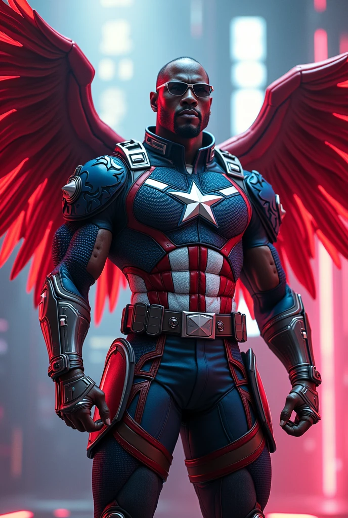 Black american man in samurai armor, cybernetic feather wings, sport sunglasses, captain america color scheme