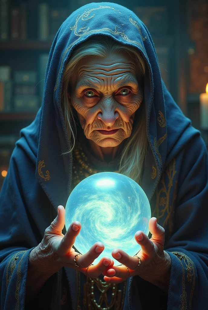 Elderly granny psychic looking into the future with crystal ball