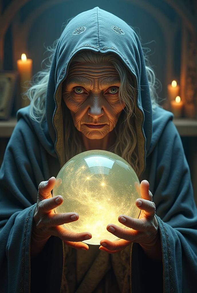 Elderly granny psychic looking into the future with crystal ball