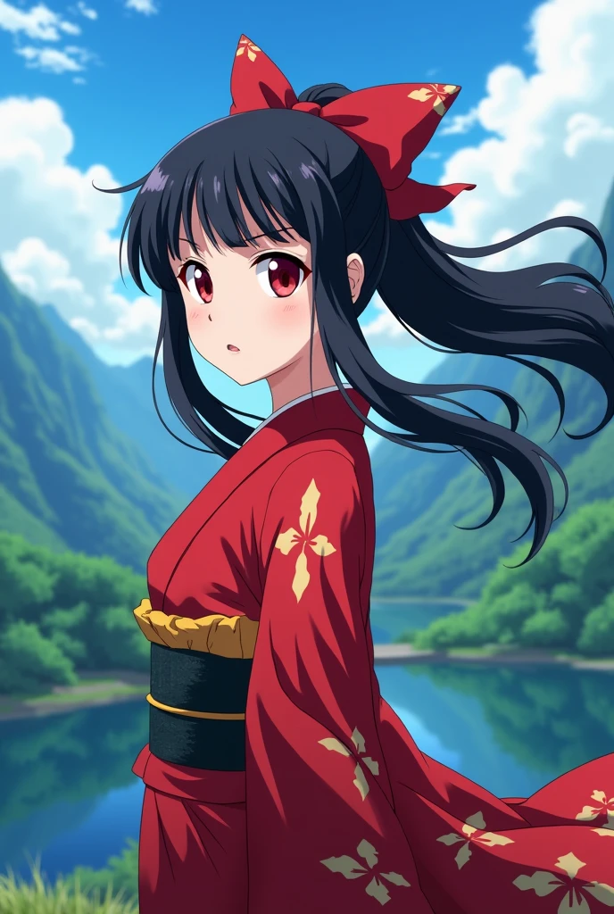 Kimetsu no Yaiba screenshot of a girl with black hair tied with a red ribbon and red eyes. A beautiful landscape behind her. She is wearing a red kimono. Ufotable, ss4