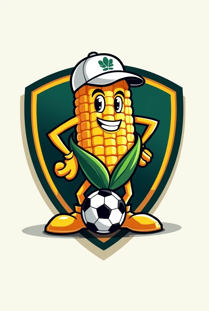 I want a football mascot, for a football shield that is design style, that is symmetrical, I want it to be an ear of corn with extremities, white hat and a soccer ball on his leg.