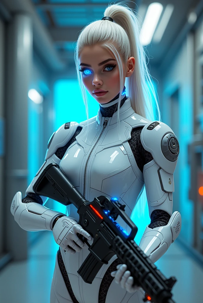 Full body cyber girl with ponytail. Ariana Grande's face. Bright white color to show she is a cyber girl with laser rifle. white eyebrows. clothes like overalls. She also has bright blue eyes. The environment is terminator type. The hair is platinum. She is lit with bright blue color on one side of her face. Led as.  And both hands also have LED light.