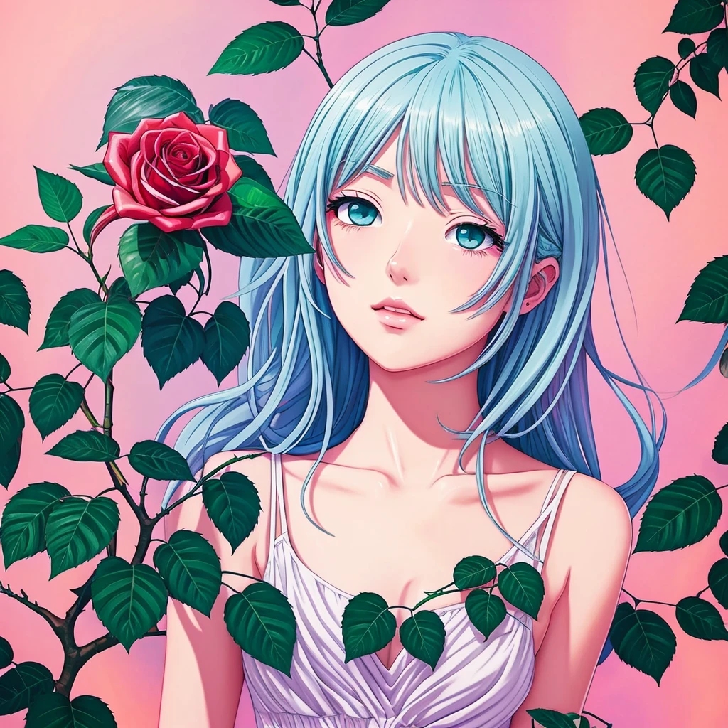 A girl holding a rose (plant) in soft color anime styled artwork for music, trippy