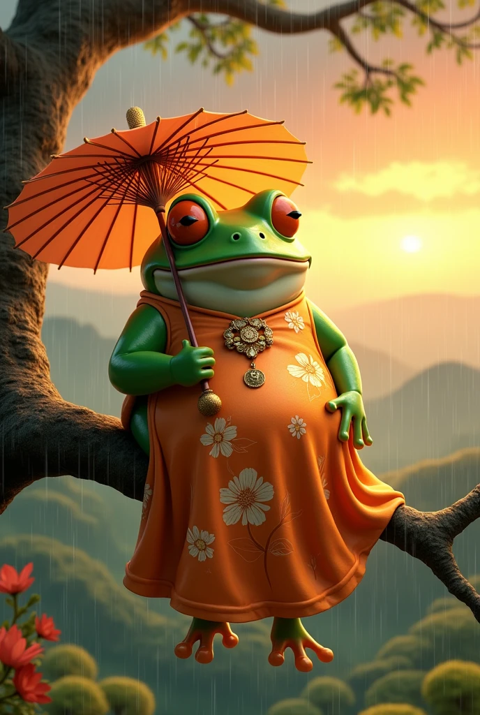 A fat green tree frog,She is wearing a gorgeous orange Chinese dress with a floral pattern.,Sleeping on a tree,Ultra-realistic,high resolution,Standing with a lotus leaf umbrella,It is raining in the background,The background is the hilltop at sunset,