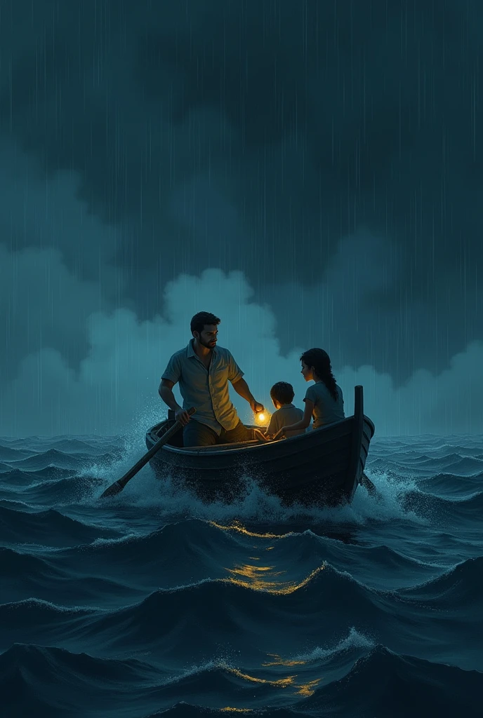 a family with bobbed board , middle ocean, night rain