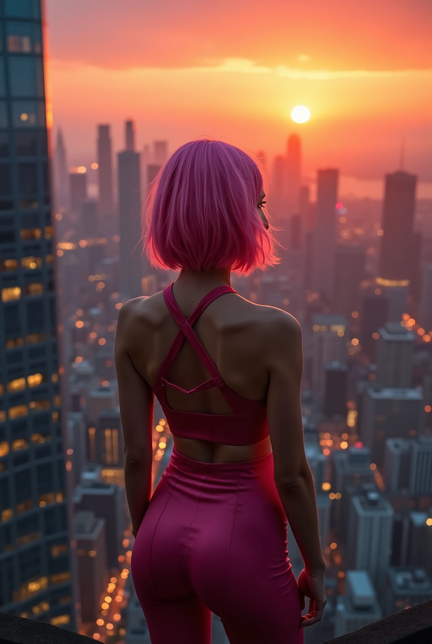 a rear view photo of a woman (having sex, grabbing ass), short hair, cosplay, costume, top of a skyscraper, skyline, sunset, scenic