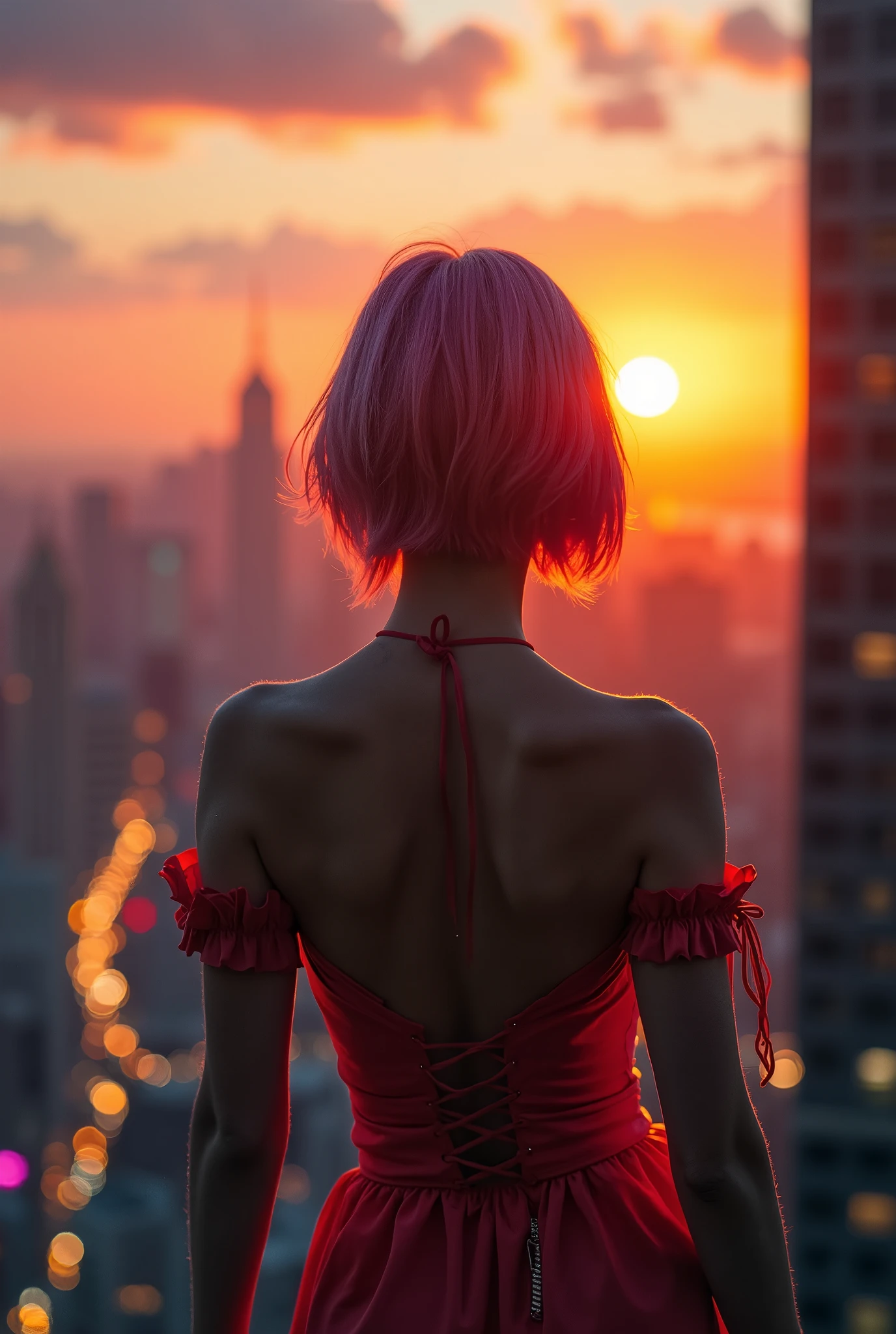 a rear view photo of a woman (having sex, grabbing ass), short hair, cosplay, costume, top of a skyscraper, skyline, sunset, scenic