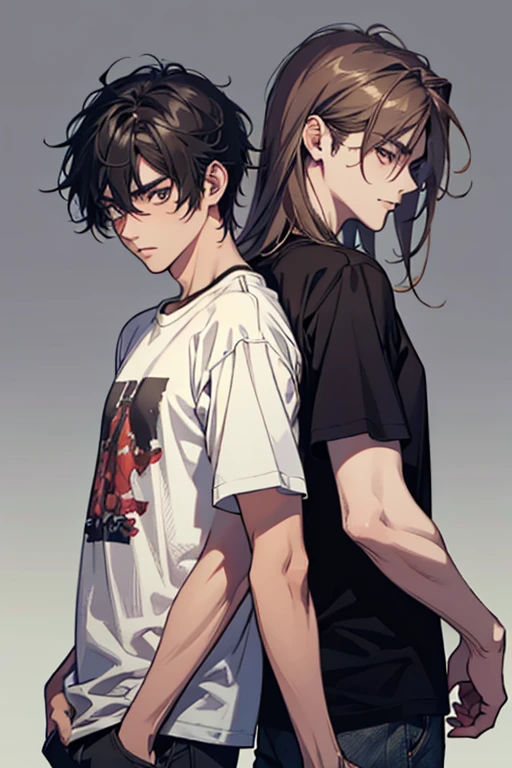 2 Young Men, 16〜20yr old, detailed hairs, 4K, High resolution, Handsome, T-shirts, medium length hair, from below, model posing, cowboy shot, back to back, Simple Background, angry,