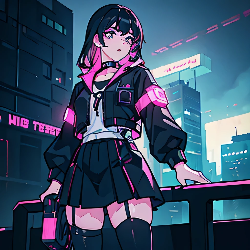 1girl, young, beautiful detailed eyes, beautiful detailed lips, extremely detailed face and eyes, small chest, looking at viewer, standing up, sideways, long black hair with pink ends, white t-shirt, black jacket, black skirt, thigh highs, city, night, dark background, (best quality,4k,8k,highres,masterpiece:1.2),ultra-detailed,(realistic,photorealistic,photo-realistic:1.37),cyberpunk,neon lights,moody lighting