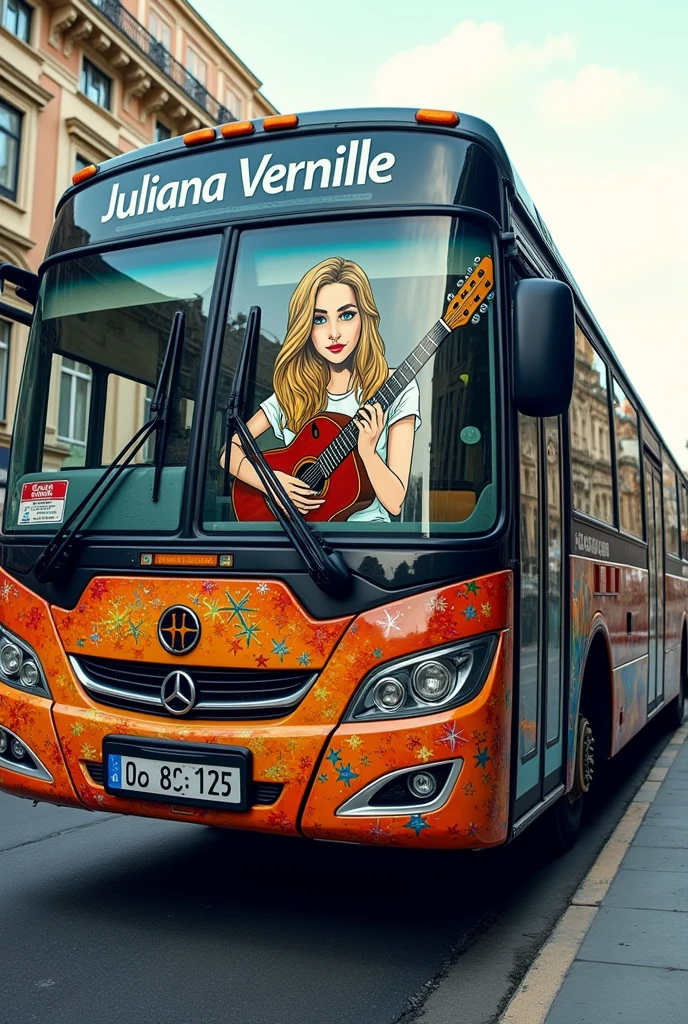 A large bus with a drawing written Juliana Vernille with a dark blonde hair and a guitar