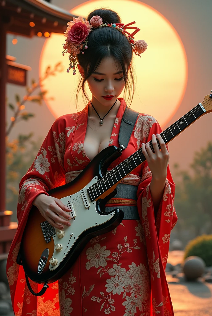 A seductive Japanese woman in a kimono plays an electric guitar