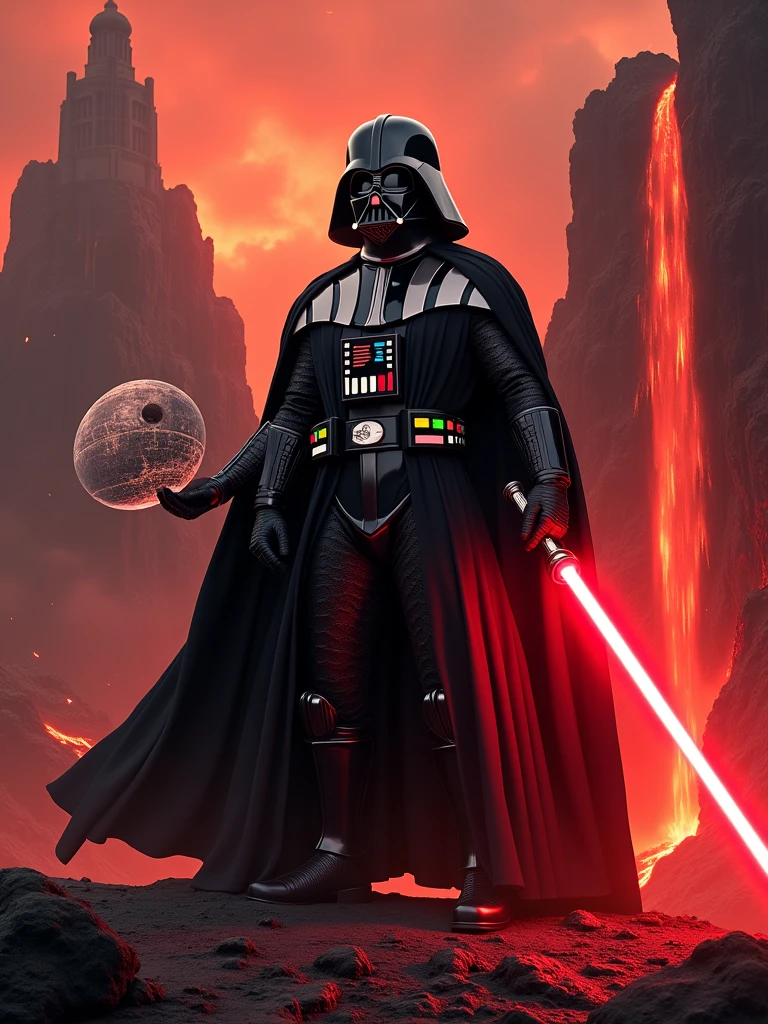 Create an image of Darth Vader standing on the volcanic planet Mustafar. Darth Vader is positioned centrally in the image. He is holding a Sith holocron in his left hand, which is emitting a red hologram displaying the plans for the Death Star. The details of the Death Star project are clearly visible within the red hologram. In his right hand, he is holding his iconic red lightsaber, which is activated and glowing. In the background, on the left side of Darth Vader, there is a view of Vader's fortress, rising from a natural plateau formation. The structure is dark and menacing, matching the overall ominous atmosphere of the scene. On the right side of Darth Vader, there is a flowing lava waterfall, adding to the intense and fiery environment of Mustafar. The entire scene is bathed in the red and orange hues typical of Mustafar, with the heat and volcanic activity creating a dramatic and intense backdrop. Darth Vader stands as a powerful and commanding figure in this fiery landscape.