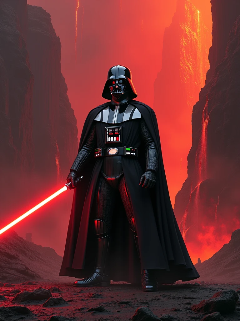 Create an image of Darth Vader standing on the volcanic planet Mustafar. Darth Vader is positioned centrally in the image. He is holding a Sith holocron in his left hand, which is emitting a red hologram displaying the plans for the Death Star. The details of the Death Star project are clearly visible within the red hologram. In his right hand, he is holding his iconic red lightsaber, which is activated and glowing. In the background, on the left side of Darth Vader, there is a view of Vader's fortress, rising from a natural plateau formation. The structure is dark and menacing, matching the overall ominous atmosphere of the scene. On the right side of Darth Vader, there is a flowing lava waterfall, adding to the intense and fiery environment of Mustafar. The entire scene is bathed in the red and orange hues typical of Mustafar, with the heat and volcanic activity creating a dramatic and intense backdrop. Darth Vader stands as a powerful and commanding figure in this fiery landscape.