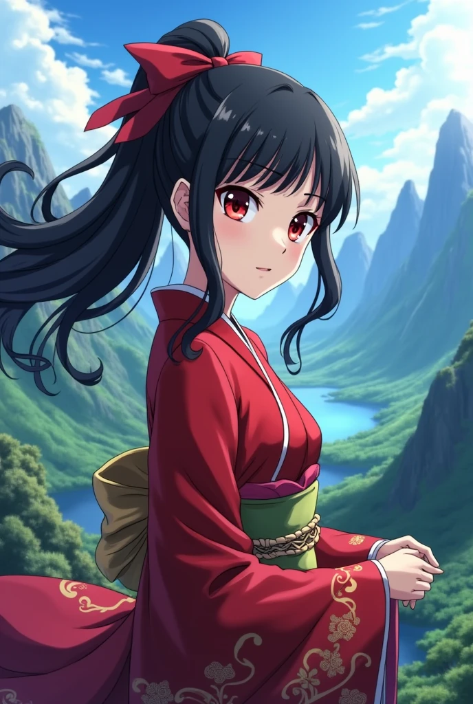 Kimetsu no Yaiba screenshot of a girl with black hair tied with a red ribbon and red eyes. A beautiful landscape behind her. She is wearing a red kimono. Ufotable, ss4