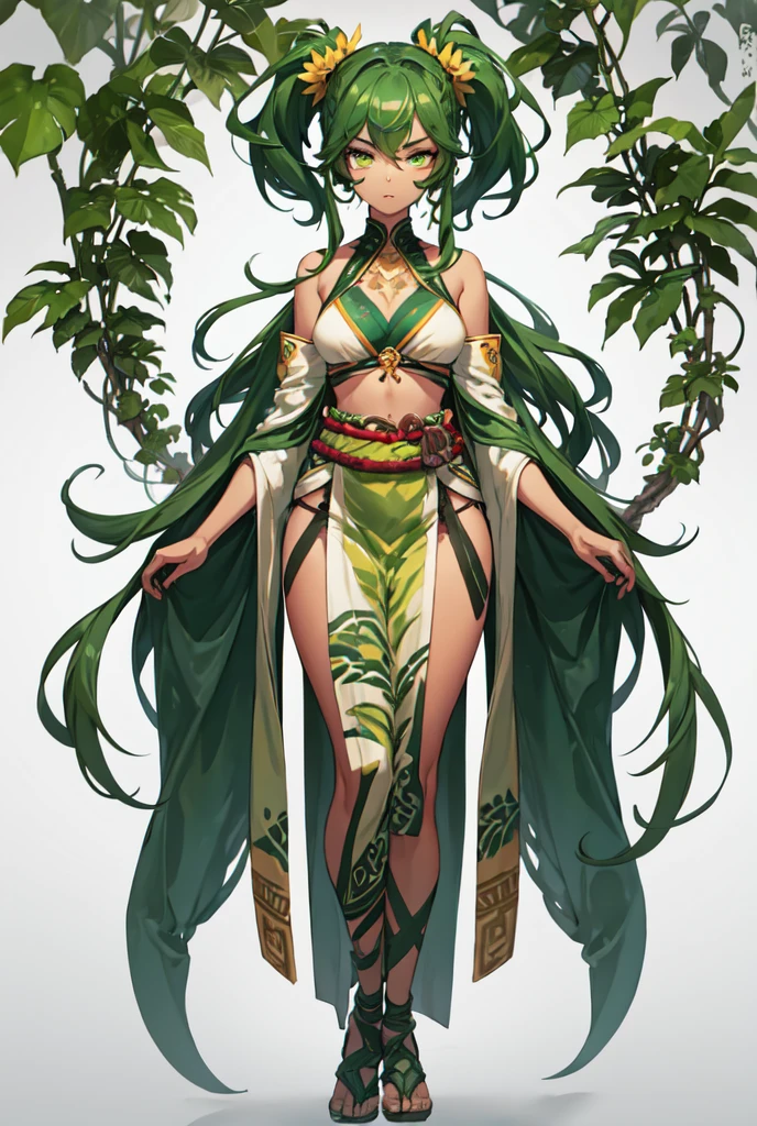 young plant girl, tanned skin tone, serious glare, ponytails, leaf green hair, deep green eyes, b-cup, lithe, fit, tribal attire, full-body, slender legs, Uncovered legs, beautiful eyes, star birthmark on cheek, freckled, leaf green eyebrows, leaf green eyelashes, Cute butt, blank background