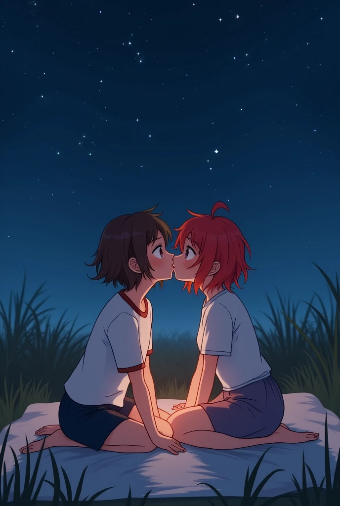 on a starry night, under a sky full of stars, Two girls are lying on a blanket on the floor. The first girl has red hair, messy and loose to the shoulders, while the second has brown hair. They are both in a relaxed and tender posture. The redhead girl is leaning towards the other and kisses her gently on the cheek, showing a gesture of love and affection. The night environment is softly illuminated by the stars, creating an intimate and romantic atmosphere.