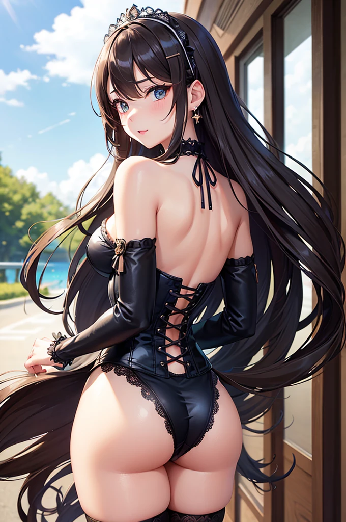 A beautiful girl in a corset and stockings posing for a photo, anime girl, flower garden with wooden benches, blue sky with white clouds, big rounds breasts, choker with bell, strapless corset, thigh highs, lace panties, cute round buttocks, she turns back, shows her ass, beautiful detailed face and eyes, perfect anatomy, dark brown hair, long bangs, long hair, wavy hair, expressive hair, shiny hair, tied hair, hairclip, jewelry, ta hairband, aqua eyes, glowing eyes, pupils sparkling, earrings, red lips , glossy lips, shy, embarrassed, blush, nervous, high detail, anime, anime style, cinematic lighting, image fill, framed, head out of frame, pov, multiple views, perspective, panorama, lens flare, Wide-Angle, f/1.8, 85mm, Nikon, from behind, 8k, super detail, UHD, retina, masterpiece, accurate, anatomically correct, textured skin, high details, best quality, highres, 16k