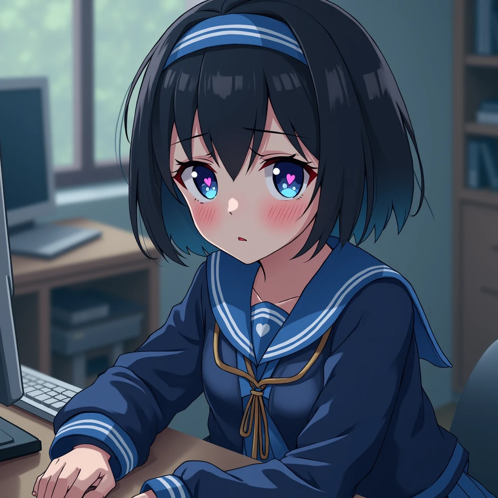 One person, Black Hair,Blue inner color,Hairstyle: Short bob, bangs,Blue Eyes, Droopy eyes,Hearts in eyes, Blue headband, anime, anime風, skirt,Frills,Mine system,smartphone,Blue sailor suit,Dark cardigan,Drooping eyes,Confused eyes,Worried brow,Yandere,background computer,smartphone,delivery,Illness,dark
