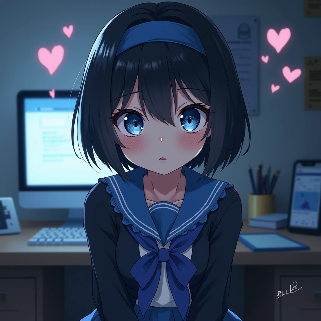 One person, Black Hair,Blue inner color,Hairstyle: Short bob, bangs,Blue Eyes, Droopy eyes,Hearts in eyes, Blue headband, anime, anime風, skirt,Frills,Mine system,smartphone,Blue sailor suit,Dark cardigan,Drooping eyes,Confused eyes,Worried brow,Yandere,background computer,smartphone,delivery,Illness,dark