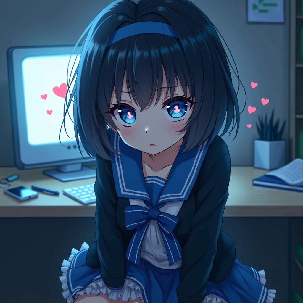 One person, Black Hair,Blue inner color,Hairstyle: Short bob, bangs,Blue Eyes, Droopy eyes,Hearts in eyes, Blue headband, anime, anime風, skirt,Frills,Mine system,smartphone,Blue sailor suit,Dark cardigan,Drooping eyes,Confused eyes,Worried brow,Yandere,background computer,smartphone,delivery,Illness,dark