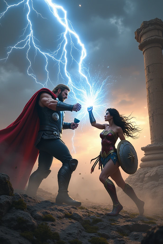 Battlefield of Legends: The ground trembles as Thor and Wonder Woman clash in an ancient ruin. Thor summons a storm of lightning, while Wonder Woman uses her shield to deflect and retaliate. Describe the epic exchange of blows and the sheer force of their attacks.