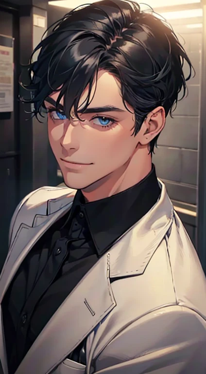 a mature man with short grey Black hair, blue eyes, 31 years, and a perfect face, smiling in love, CEO, cinematic lighting, 1:4 HDR image, top view, ultra detailed, best quality, masterpiece, 8K, photorealistic, beautiful image