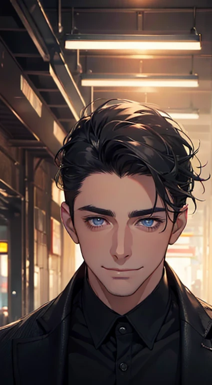 a mature man with short grey Black hair, blue eyes, 31 years, and a perfect face, smiling in love, CEO, cinematic lighting, 1:4 HDR image, top view, ultra detailed, best quality, masterpiece, 8K, photorealistic, beautiful image