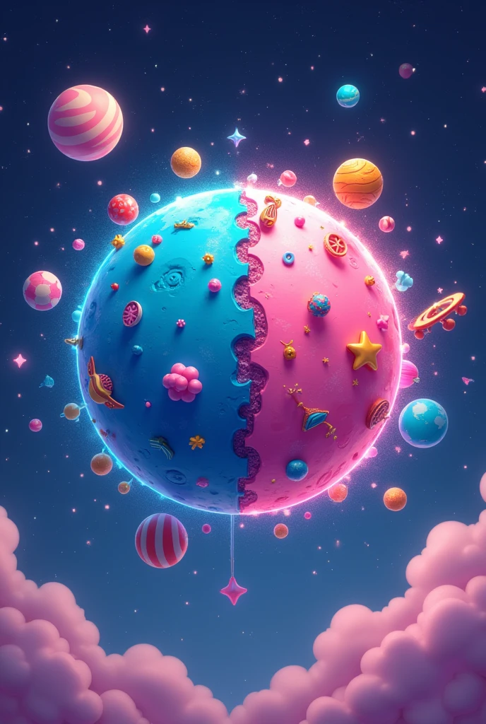 Generate me the image of a planet that looks very fun and colorful for children, one side is blue with objects that represent boys and the other side of the planet is pink that represents girls and sparkles around the planet  