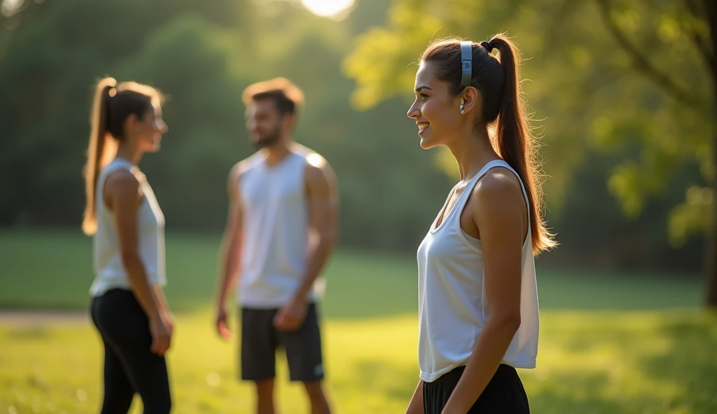 In an Indian park, early in the morning, a 24 year old girl is looking at herself with surprise. In the background a boy and a girl are talking to her. Both of them are 25 years old. Both the girls are wearing black jogging pants and white vest and the boy is wearing black half pants and white vest and headphones. That boy is very handsome and is 25 years old. 