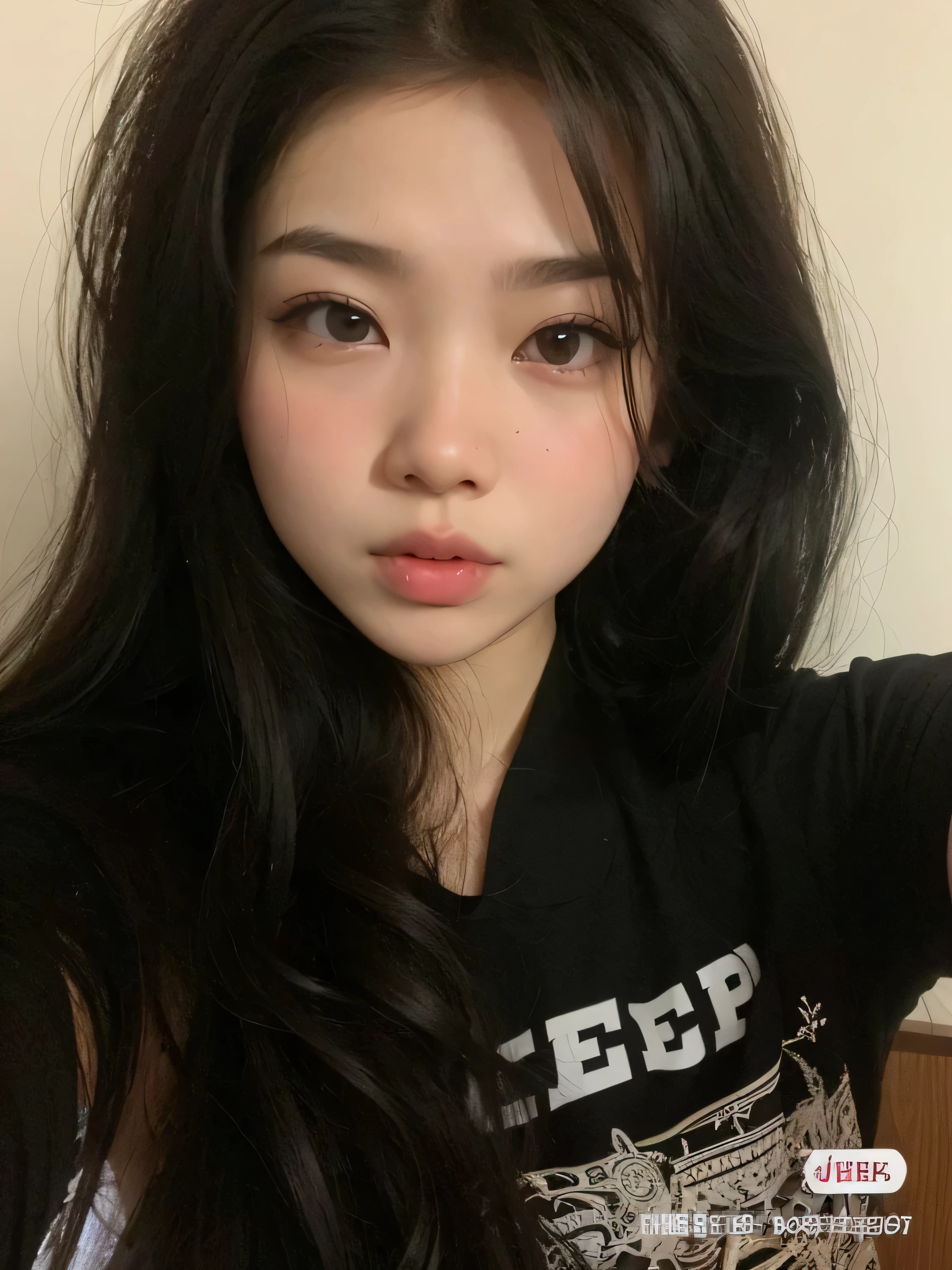 A close-up of a woman with long hair and a black shirt, Young cute pale asian face, Young adorable korean face, asian face, pale round face, korean, cara adorable korean pálida, Southeast Asian with round face, ulzzang, cara simétrica korean, cruel chica gótica korean, nice-fine-darling, small heart-shaped face with extremely large lips, prominent lips, big, plump lips